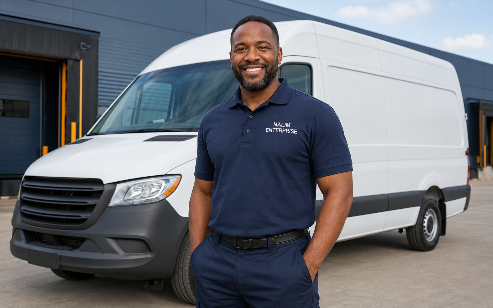 Smiling Nalim Enterprise driver standing in front of a cargo van
